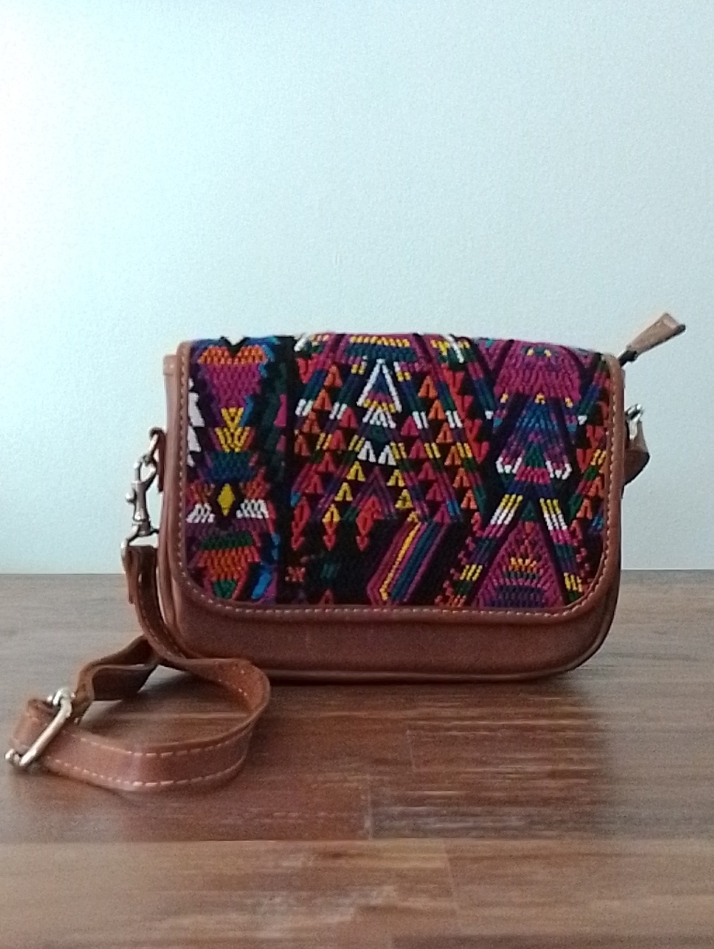 Handcrafted Multicolor Woven & Brown Leather Crossbody Bag